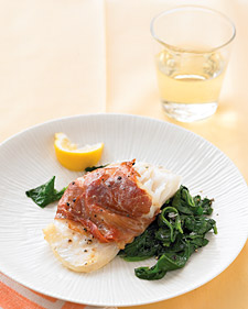 Fast & Easy Dinner: Prosciutto-Wrapped Cod With Spinach Fast & Easy Dinner: Prosciutto-Wrapped Cod With Spinach