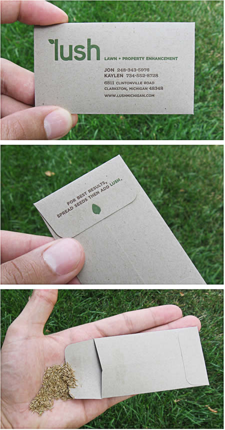 Business card from "Lush Lawn and Property Enhancement," stuffed with grass seed. Business card from "Lush Lawn and Property Enhancement," stuffed with grass seed.