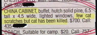 "China cabinet buffet... few cat scratches but cat has been killed." "China cabinet buffet... few cat scratches but cat has been killed."