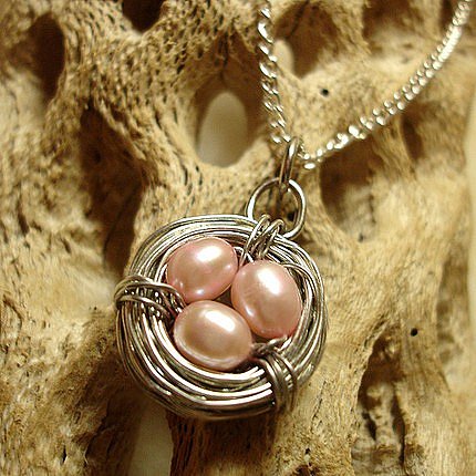 Pink bird nest pendant - genuine freshwater pearls - perfect for spring