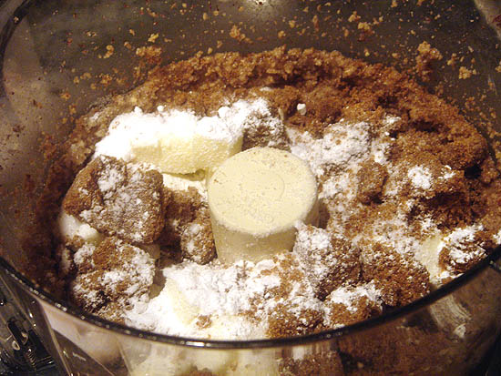 In goes the butter, sugars, baking soda and powder for processing!