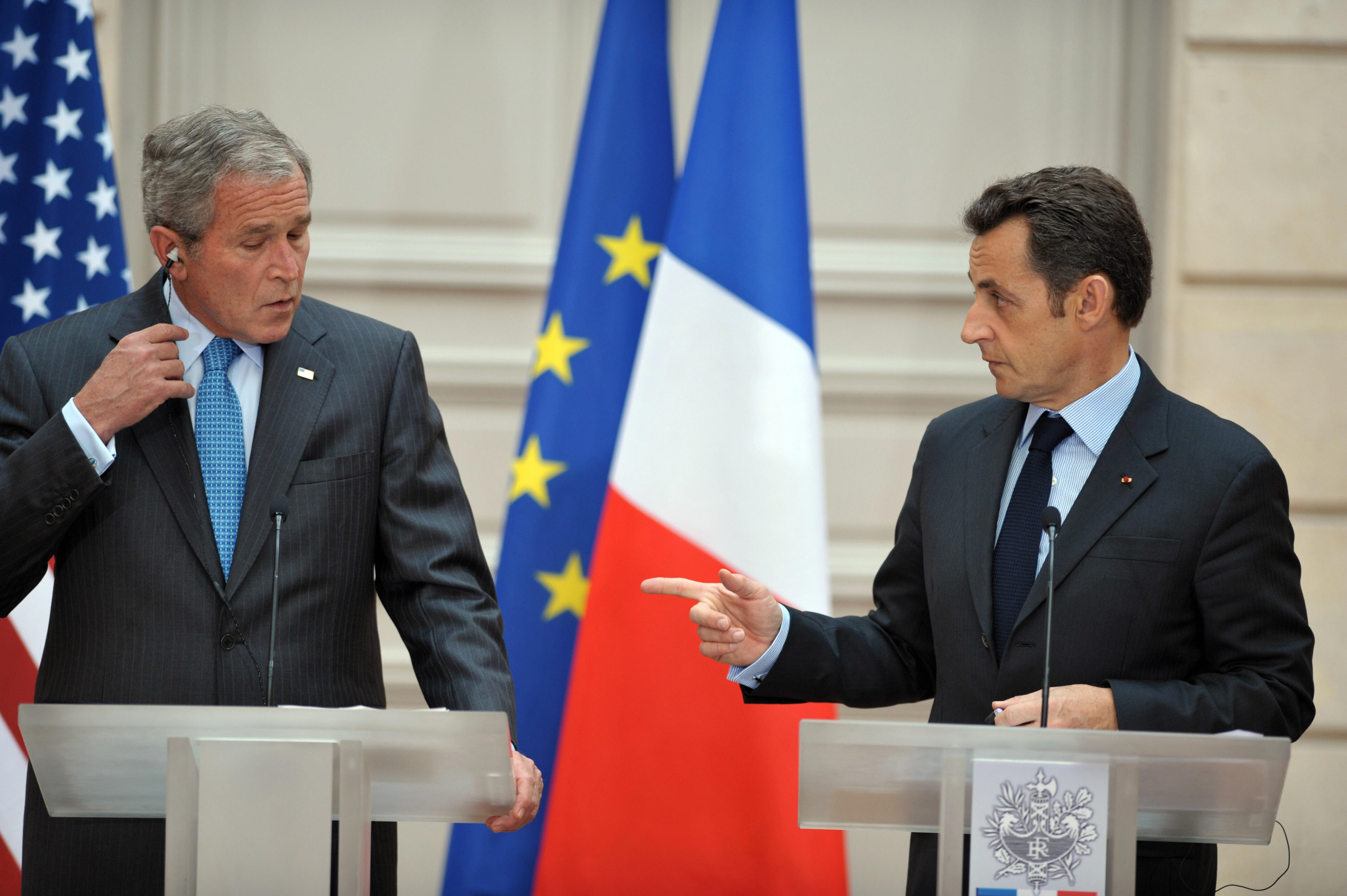 Bush attends a joint press conference with his French counterpart Nicolas Sarkozy at the presidential Elysee Palace in Paris. Bush attends a joint press conference with his French counterpart Nicolas Sarkozy at the presidential Elysee Palace in Paris.