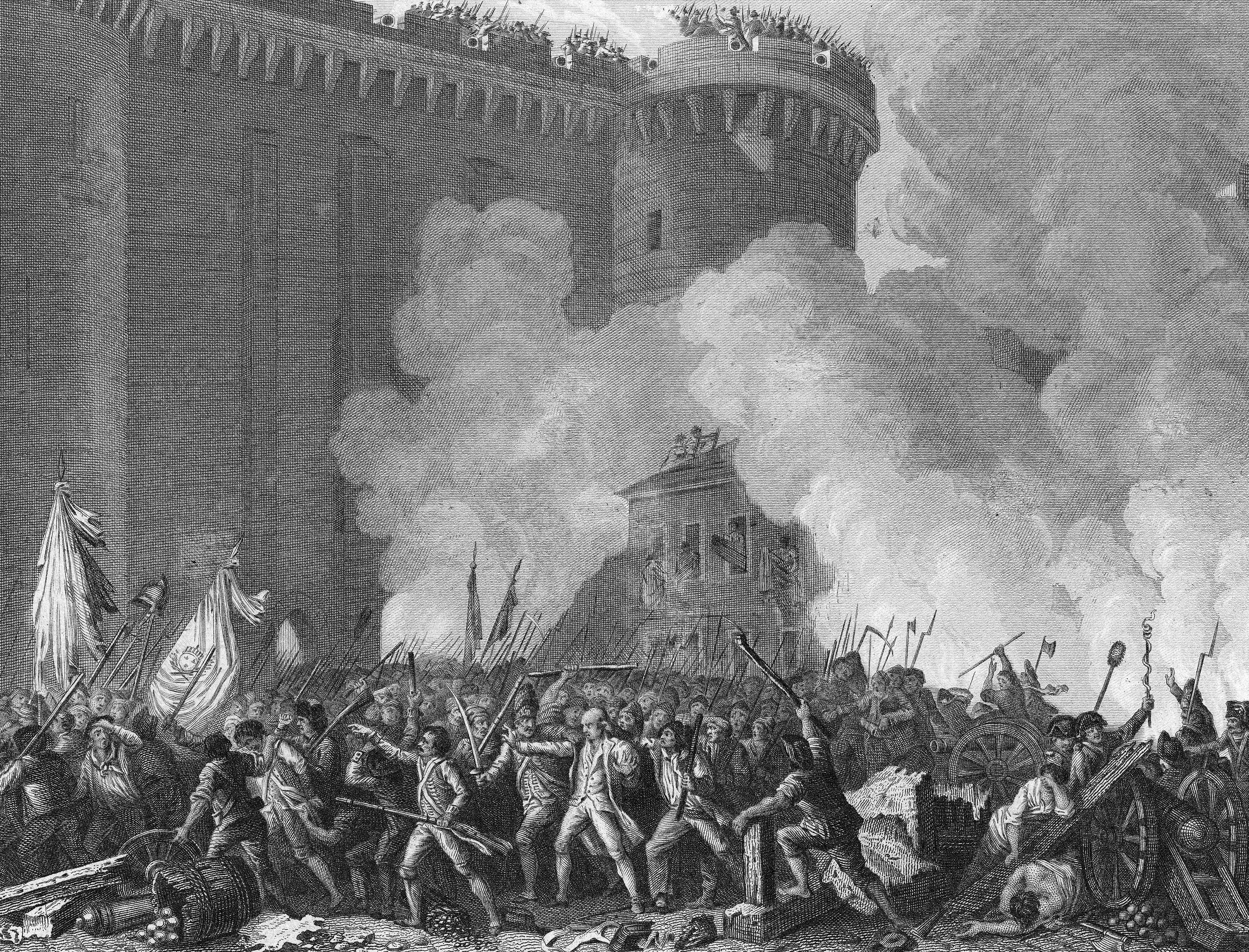 The mass attack on the Bastille fortress ignites the French Revolution. The mass attack on the Bastille fortress ignites the French Revolution.