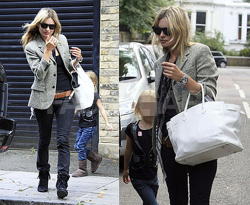 Kate Moss Exits Her House With Boyfriend Jamie Hince and Daughter Lila Grace Carrying a White Hermes Birkin