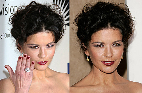 Photos of Actress Catherine Zeta-Jones With Matching Blood Red Lipstick and Nail Polish Plus Retro Big Hair.