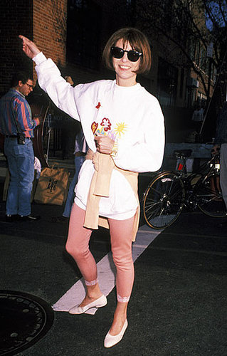 Apr. 1993: No couture or beige mules here — only a sweatshirt, leggings, and white flats for a Pediatric AIDS Foundation benefit Apr. 1993: No couture or beige mules here — only a sweatshirt, leggings, and white flats for a Pediatric AIDS Foundation benefit