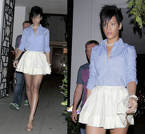 Rihanna Shops at Opening Ceremony boutique in LA in Twenty8Twelve Ivory Skirt, Chambray Blouse and Pearls