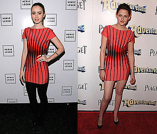 Lily Collins and Kristen Stewart Both Wear Herve Leger Coral and Black Striped Dress