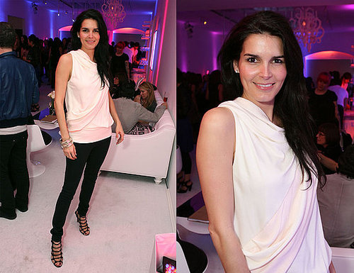 Angie Harmon Attends Launch Party for LATISSE Wearing White Draped Top and Christian Louboutin Strappy Sandals