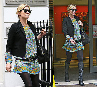 Kate Moss Leaves Medical Building in London Wearing a Paisley Tunic and Black Blazer