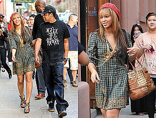 Beyonce and Jay-Z Stroll in NYC, Beyonce Wearing a Plaid Dress, Red Beret, and Louis Vuitton Platforms
