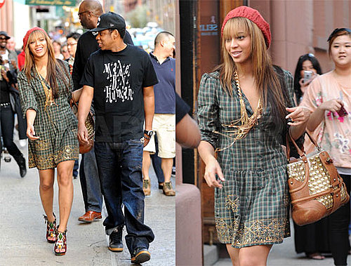 Beyonce and Jay-Z Stroll in NYC, Beyonce Wearing a Plaid Dress, Red Beret, and Louis Vuitton Platforms