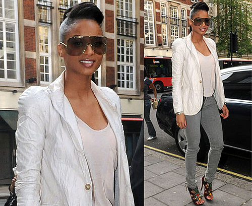 Photo of Singer Ciara in London Wearing Gray Jeans and White Blazer