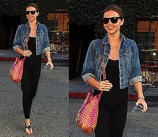 Victoria's Secret Model and Orlando Bloom's Girlfriend Miranda Kerr in LA Wearing a Black Maxi and Denim Jacket