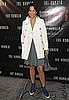 Veronica Webb Wears Blue High-Top Sneakers With Gray Dress and White Trench Coat