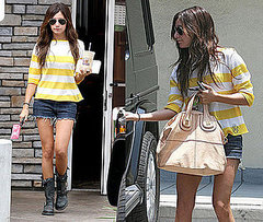 Ashley Tisdale in LA Wearing White and Yellow Striped Sweater, Denim Cutoffs, and Frye Boots