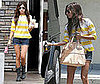 Ashley Tisdale in LA Wearing White and Yellow Striped Sweater, Denim Cutoffs, and Frye Boots