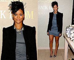 Rihanna and LeBron James Visit Carol's Daughter Hand and Foot Spa, Rihanna Wearing a Black Blazer and Gray Dress