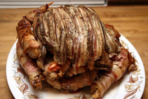 Turbaconucken: A chicken inside a duck inside a turkey, all wrapped in bacon.