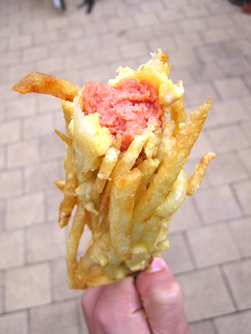 French Fry-Encased Hot Dog On A Stick French Fry-Encased Hot Dog On A Stick