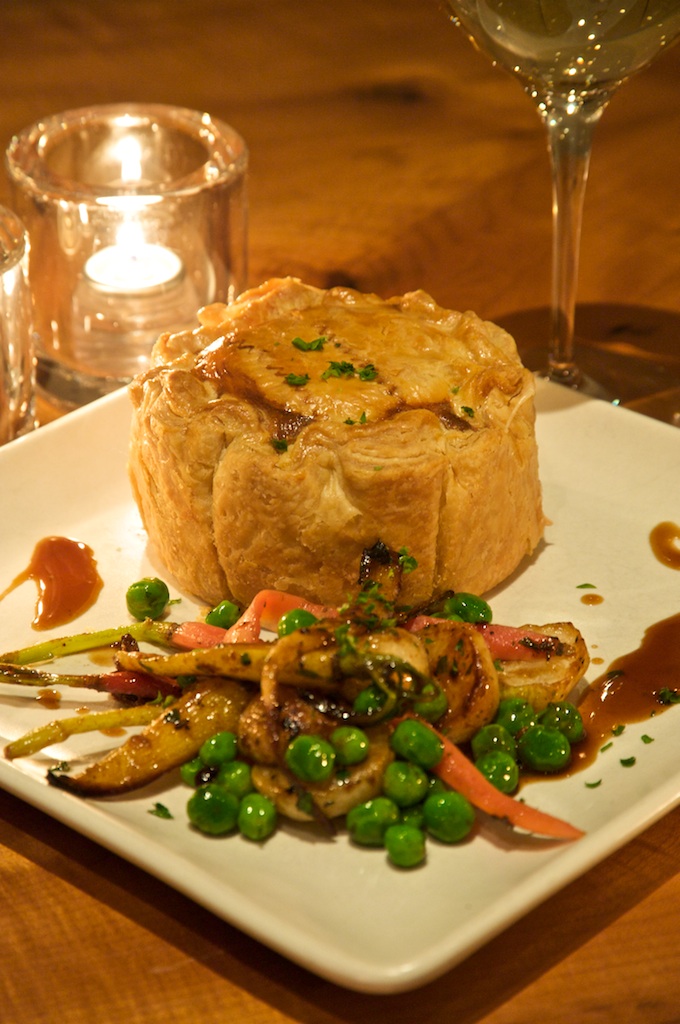 Rabbit pot pie, roasted market vegetables, rabbit demi Rabbit pot pie, roasted market vegetables, rabbit demi