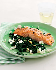 Fast & Easy Dinner: Broiled Salmon With Spinach Feta Saute Fast & Easy Dinner: Broiled Salmon With Spinach Feta Saute