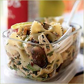 Simple Veggie Packed Bowtie Salad with Fresh Basil and Toasted Pine Nuts